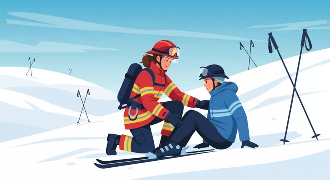 Ski rescuer helps injured skier on snowy mountain slope.