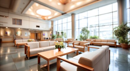 Fototapeta premium Spacious Modern Hotel Lobby with Comfortable Seating and Natural Light.