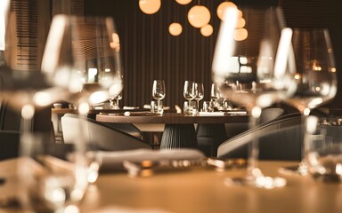 Naklejka premium An industrial laser show illuminates a luxury restaurant interior featuring a glass of wine and an elegant dinner setting on a dining table with empty plates