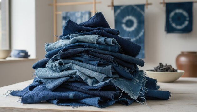 A tall stack of hand-dyed indigo fabric pieces, showcasing traditional textile art and natural blue hues in a crafting studio setting.