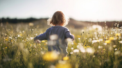 Child running through bright sunlit flower field, exploring nature and freedom, childhood joy in meadow © Bonsales
