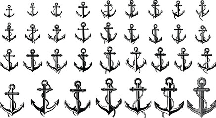 Large collection of vintage nautical anchor icons with rope in black silhouette style for maritime seafaring design and branding © MdGohurul