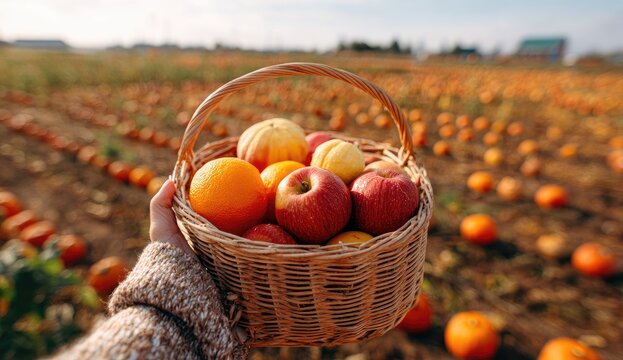Hand holds basket of fresh fruit in a sunny pumpkin patch field