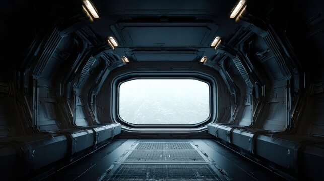 Futuristic spaceship corridor with window view