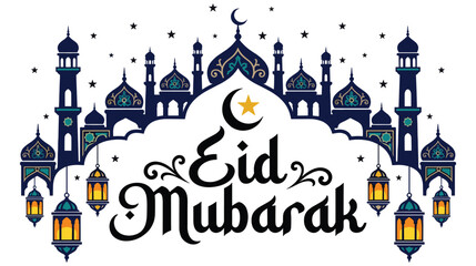 Obraz premium Eid mubarak colorful greeting with mosque lanterns stars crescent