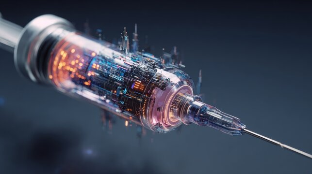 Futuristic syringe with glowing circuitry and needle