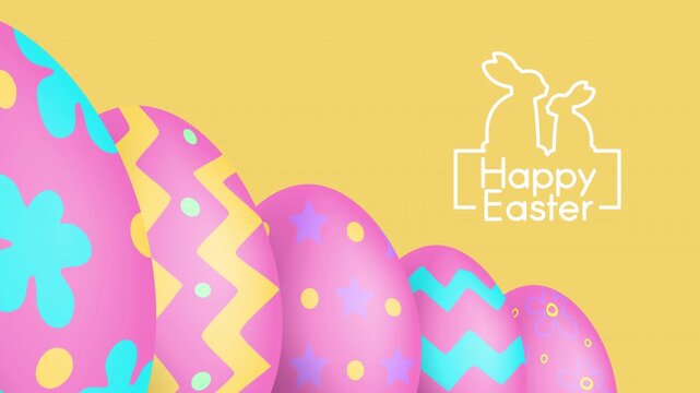 happy easter animated banner with eggs on yellow background 2d motion graphics 
