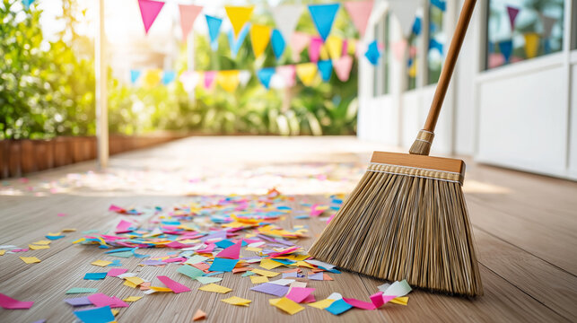 Broom sweeping vibrant multicolored confetti on wooden floor after outdoor party celebration cleanup