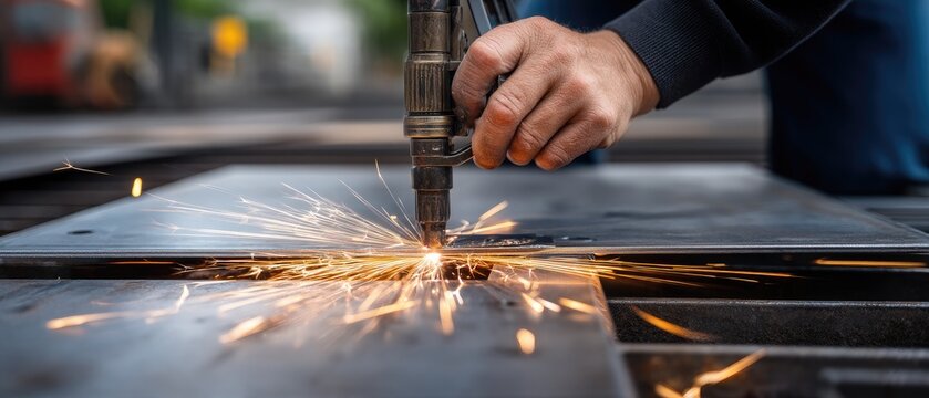 M. Bartholomew uses an arc welding machine to cut metal in a workshop with sparks flying in the background during daytime
