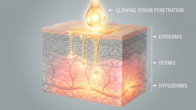 Cross-section shows skin with glowing serum penetrating through layers. Detailed view includes epidermis, dermis, and hypodermis. Concept of beauty, skincare, cosmetic science