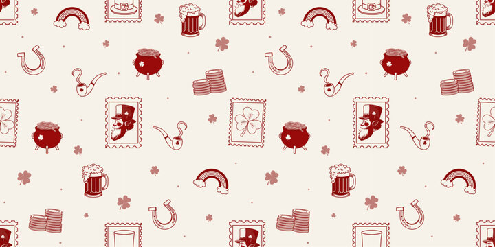 Vintage St. Patrick's Day Seamless Pattern with Irish Folklore Icons. Aesthetic Red Line Art St. Paddy's Day Pattern with Leprechaun and Luck Symbols.