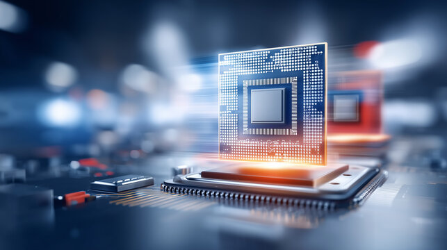 Microchip rising above a motherboard symbolizing high performance computing semiconductor innovation and next generation technology.
