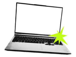 Modern laptop in halftone pop art style with neon green starburst accent Online promotion concept, digital marketing, technology announcement, web sale event. Retro vector illustration for collage