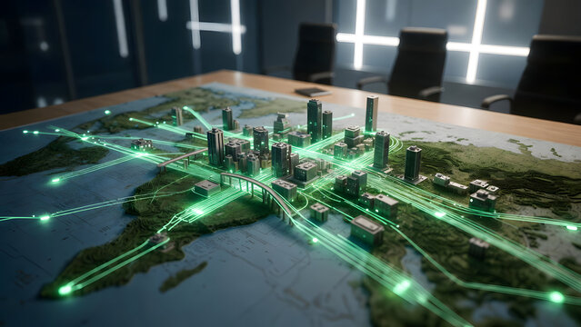 Smart city model with green connectivity lines across geographic terrain map