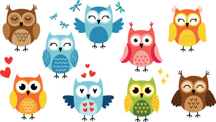 Fototapeta premium Cute colorful owl characters collection cartoon vector illustration set