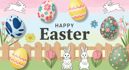 Happy Easter vector banner with colorful decorated eggs, cute bunnies, spring flowers, and wooden fence on a pastel background, perfect for holiday greetings and promotions © 爱心