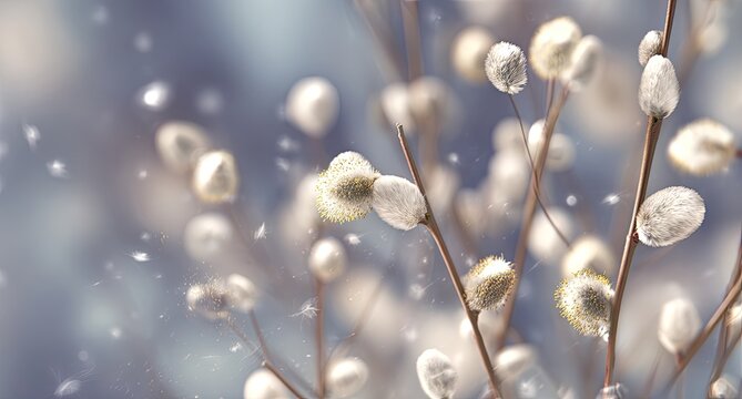 Soft focus pussy willow branches with falling fluffy seeds and gentle bokeh
