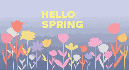 Hello Spring vector illustration with colorful pastel flowers and green stems on a soft purple gradient background, perfect for seasonal greetings, banners, and web design. © 爱心