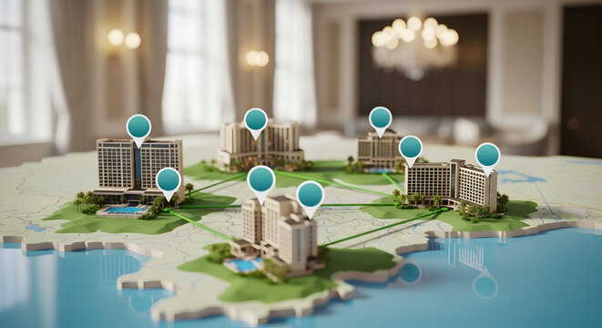 Miniature hotel buildings with location pins on map demonstrating hospitality network and travel destination management
