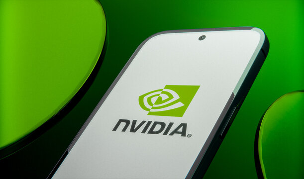 NVIDIA Logo on Smartphone Screen with Green Glow Background, AI Tech Brand Closeup, GPU Computing Power