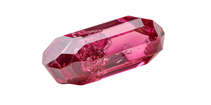 Closeup of a vibrant pink crystal with internal fractures, isolated on a white background Macro view of a faceted gemstone, representing geology and natural beauty