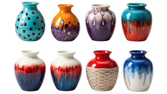 A collection of colorful ceramic vases on transparent background