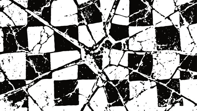 Cracked black and white checkerboard pattern with distressed and grunge texture effect
