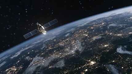 GPS satellite orbiting Earth with signal beams connecting to city below, ideal for navigation technology, orbital satellite system, global positioning, location technology, space infrastructure,