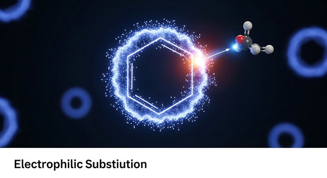 Electrophilic substition reaction illustrated with glowing benzene ring and molecular structure nearby