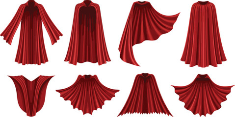 Large collection of red silk capes and flowing royal cloaks in various dramatic poses for superhero fantasy and theatrical costume design © Hosneara