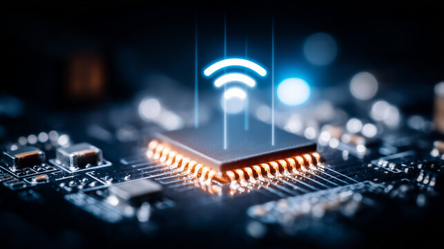 Wireless signal icon above a microchip symbolizing WiFi connectivity, IoT hardware, and secure digital infrastructure.
