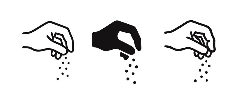 Hand sprinkling spices or ingredients icon set, Adding seasoning to food symbol, Cooking and flavoring vector illustration.