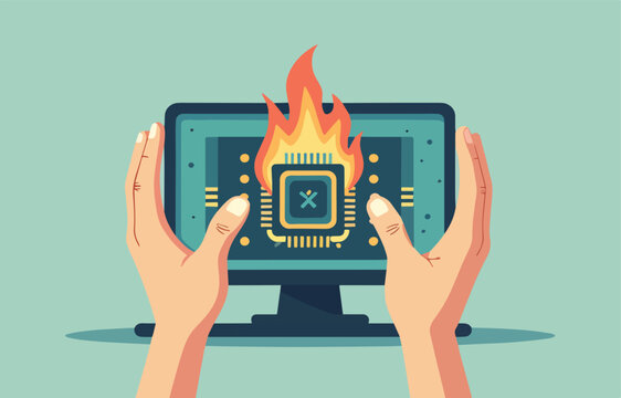 computer chip programma con mani monitor che rotto o da sistemare o rubare in fiamme , vettoriale 
