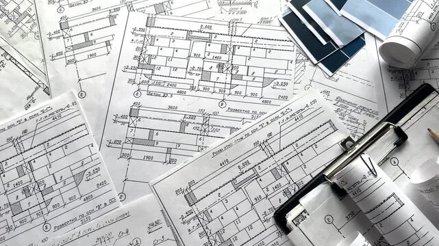 Architecture blueprints with rolled plans, compass and clipboard on desk, construction documentation and engineering design workflow, BIM planning and project management concept, copy space.