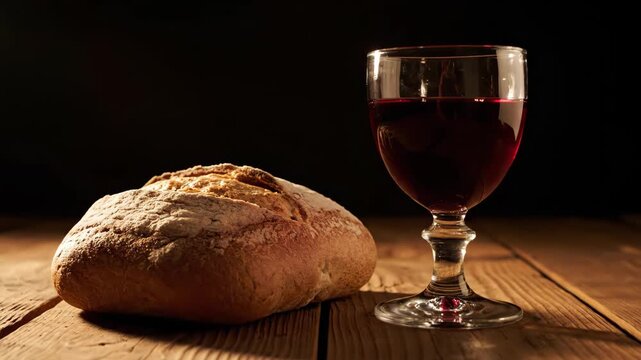 A glass of red wine and a loaf of bread on a wooden table viewed from the side in a dimly lit environment