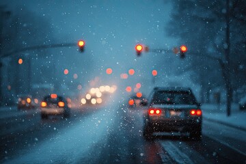 Obraz premium Snowy, blurred, urban road with traffic lights and car taillights