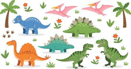 Cute cartoon dinosaurs with tropical plants colorful vector illustration set © EdGe Creative