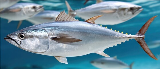 School of silver tuna swim through clear ocean waters in underwater scene captured in high definition during daylight hours