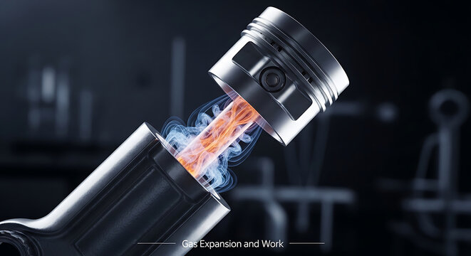 Piston engine component with gas expansion and work process visualized in a detailed illustration