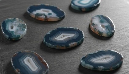 Polished Agate Slices with Intricate Natural Patterns on a Textured Surface