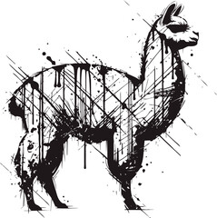 Fototapeta premium Black ink splatter llama silhouette with artistic paint drips and rough brush strokes design