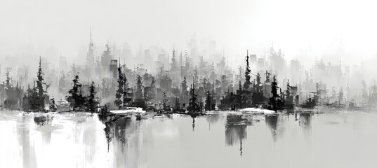 Monochromatic Landscape of a Serene Forest Reflected in Calm Water.