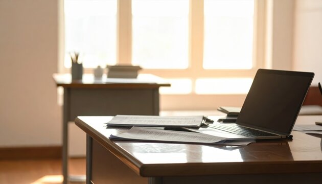 Modern Office Workspace with Laptop and Documents in Bright Room