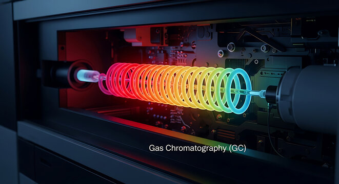 Gas chromatography machine with colorful spiral column inside laboratory equipment for chemical analysis