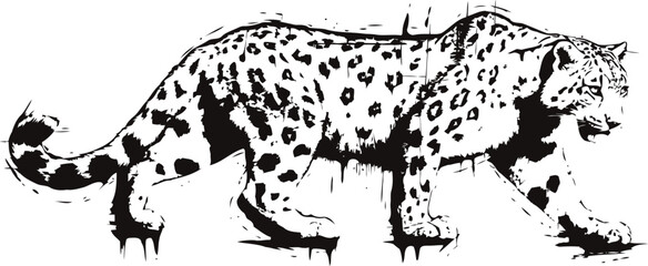 Fototapeta premium Snow leopard illustration walking in black and white with textured ink and spots pattern art