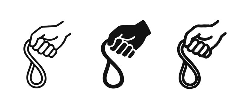 Hand Holding Looped Rope Icons. Knot Tying Symbols for Safety and Adventure in Outline, Solid, and Doodle Styles.