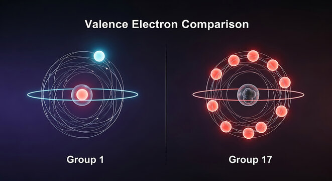 Atomic structure comparison between group one and group seventeen elements showing valence electrons