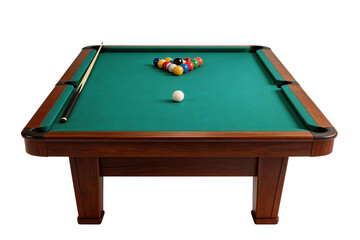 Classic Green Pool Table with Billiard Balls and Cue