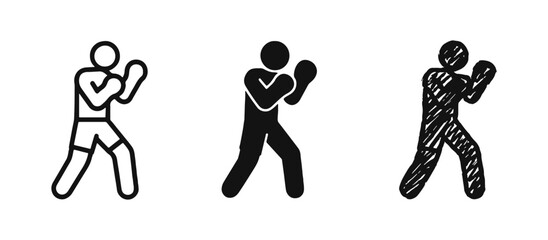 Boxing Fighter Icon Set: Outline, Solid, and Doodle Styles for Sport, Training, and Combat Concepts