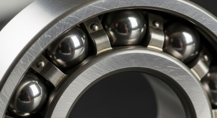 Close-up view of a ball bearing unit with steel balls and cage assembly
